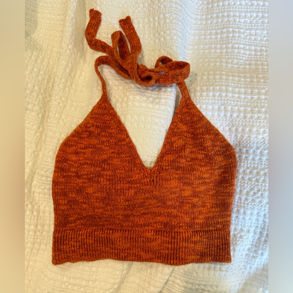 Orange knit white fox halter top